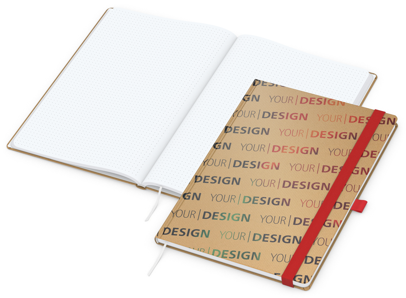 Notizbuch Match-Book Naturpapier-Hardcover individuell bedruckt, DIN A4, Papierfarbe/Lineatur Hochweiß/Punktraster, Einband-Papierfarbe Braun