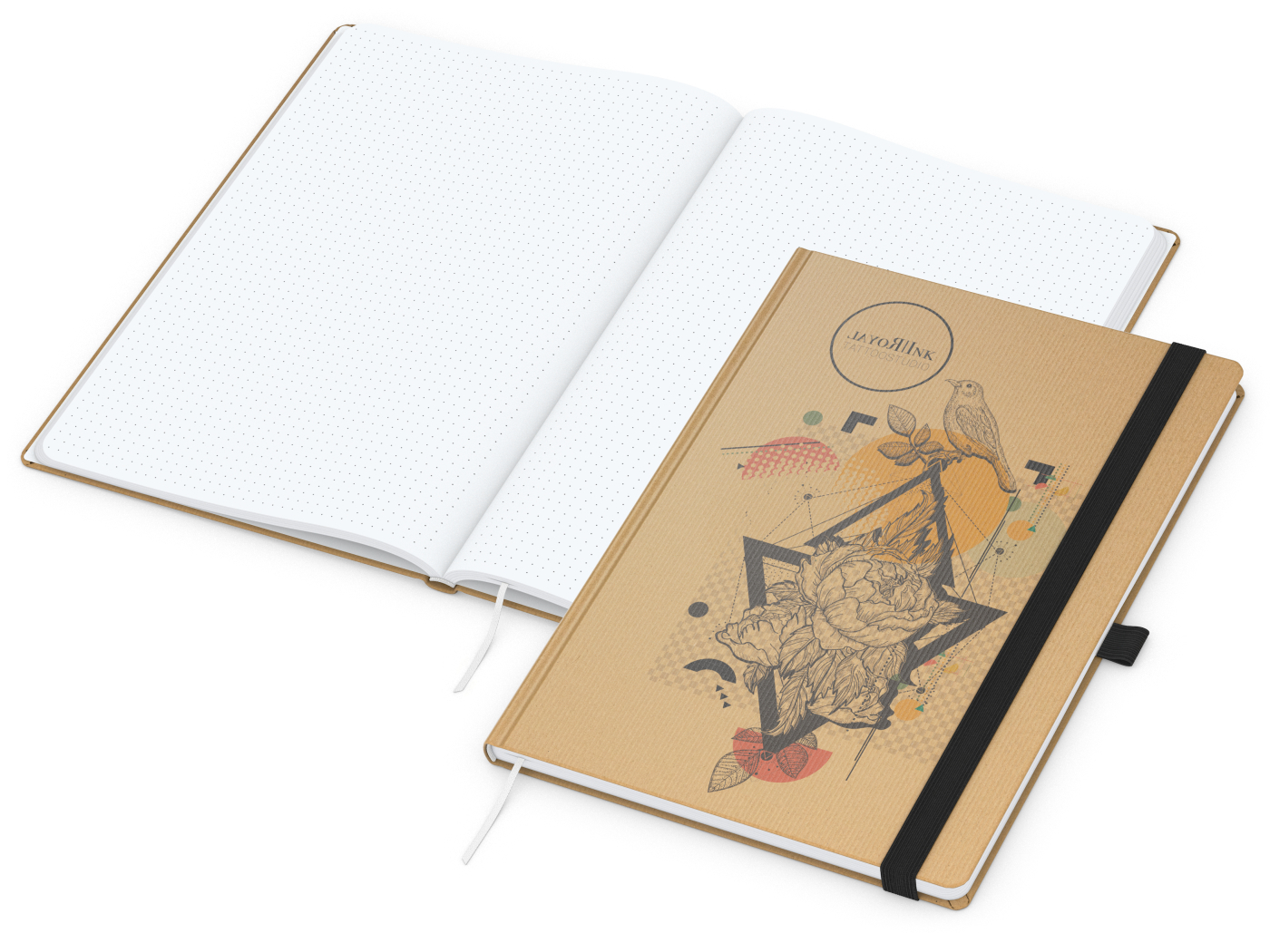 Notizbuch Match-Book Naturpapier-Hardcover individuell bedruckt, DIN A4, Papierfarbe/Lineatur Hochweiß/Punktraster, Einband-Papierfarbe Braun