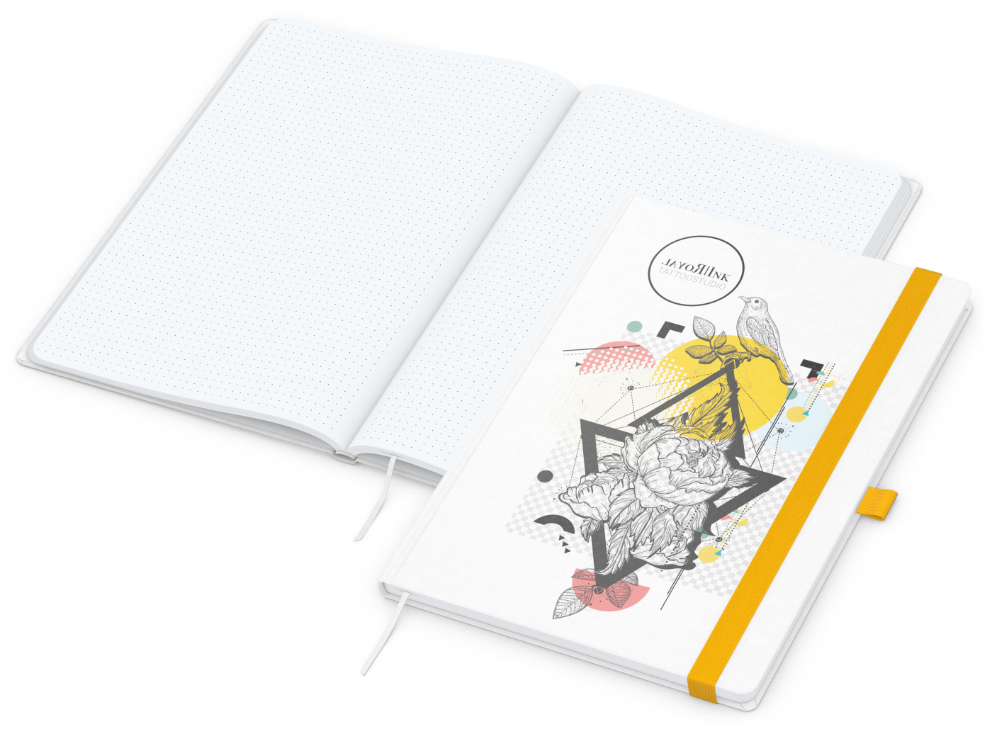Notizbuch Match-Book Naturpapier-Hardcover individuell bedruckt, DIN A4, Papierfarbe/Lineatur Hochweiß/Punktraster, Einband-Papierfarbe Weiß