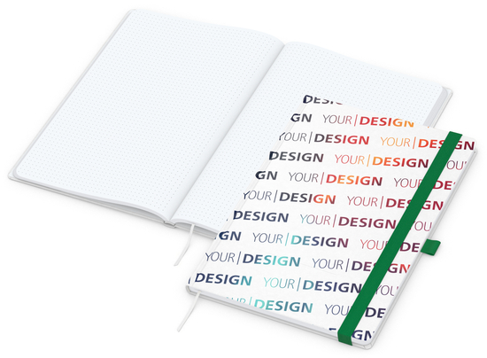 Notizbuch Match-Book Naturpapier-Hardcover individuell bedruckt, DIN A4, Papierfarbe/Lineatur Hochweiß/Punktraster, Einband-Papierfarbe Weiß