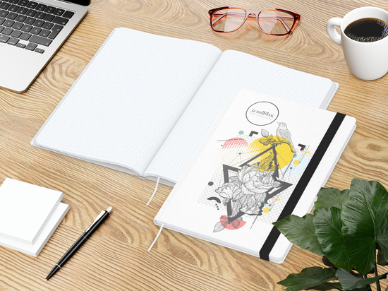 Notizbuch Match-Book Naturpapier-Hardcover individuell bedruckt, DIN A4, Papierfarbe/Lineatur Hochweiß/Punktraster, Einband-Papierfarbe Weiß