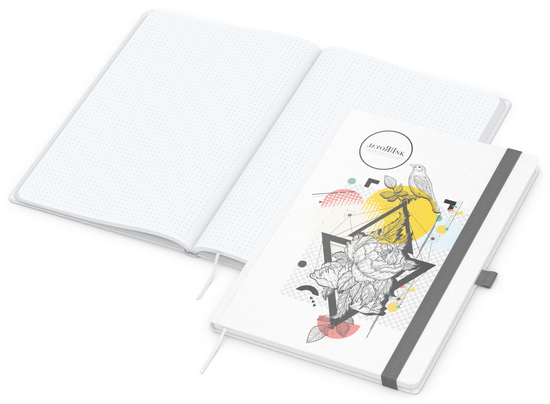 Notizbuch Match-Book Naturpapier-Hardcover individuell bedruckt, DIN A4, Papierfarbe/Lineatur Hochweiß/Punktraster, Einband-Papierfarbe Weiß