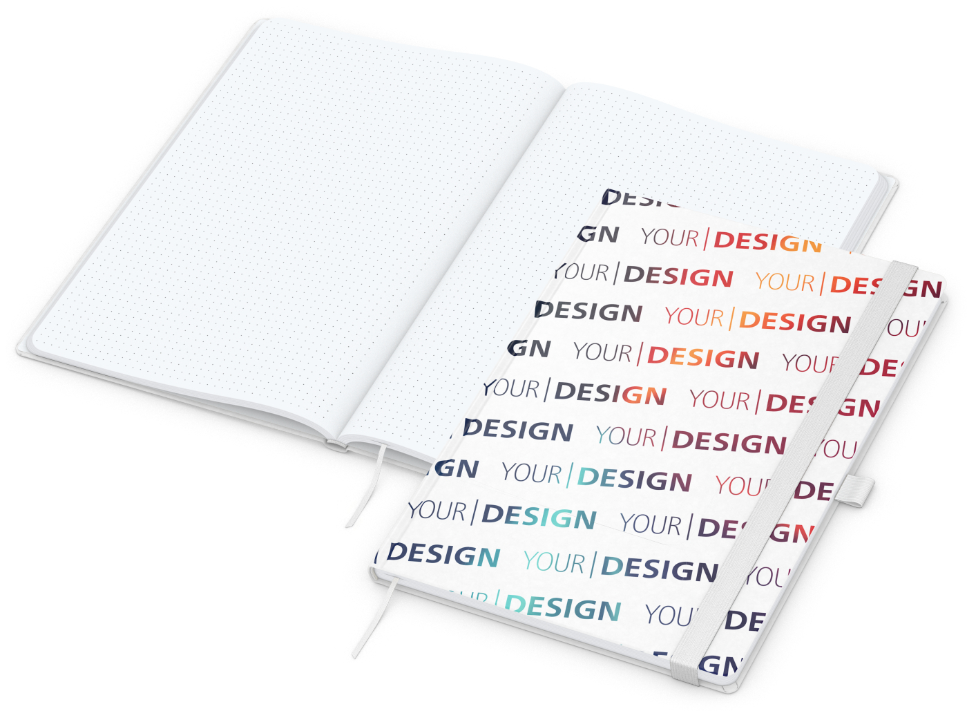 Notizbuch Match-Book Naturpapier-Hardcover individuell bedruckt, DIN A4, Papierfarbe/Lineatur Hochweiß/Punktraster, Einband-Papierfarbe Weiß