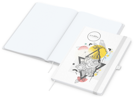 Notizbuch Match-Book Naturpapier-Hardcover individuell bedruckt, DIN A4, Papierfarbe/Lineatur Hochweiß/Punktraster, Einband-Papierfarbe Weiß