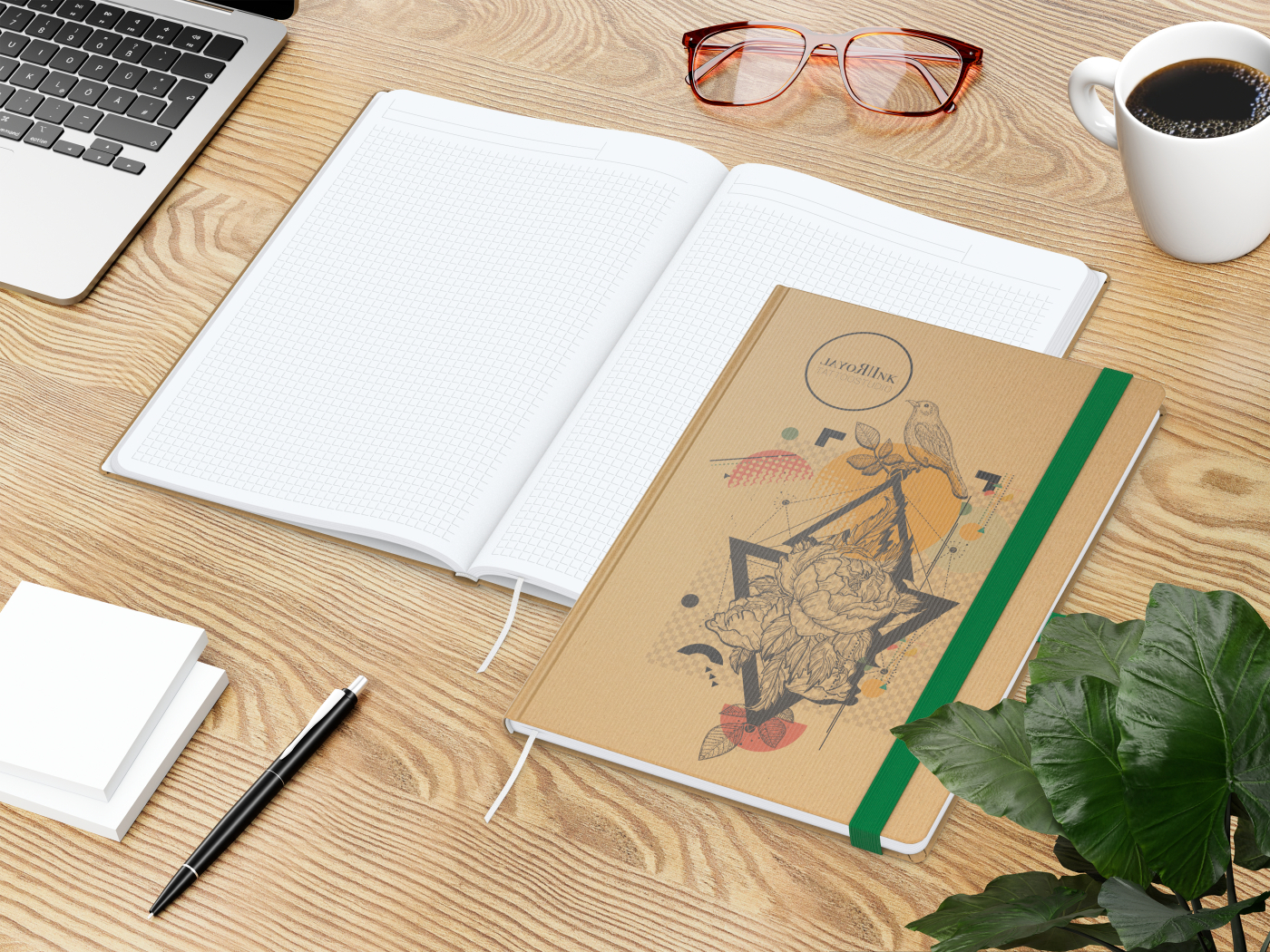 Notizbuch Match-Book Naturpapier-Hardcover individuell bedruckt, DIN A4, Papierfarbe/Lineatur Hochweiß/Winkelkaro, Einband-Papierfarbe Braun