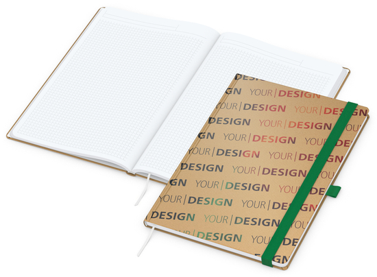 Notizbuch Match-Book Naturpapier-Hardcover individuell bedruckt, DIN A4, Papierfarbe/Lineatur Hochweiß/Winkelkaro, Einband-Papierfarbe Braun