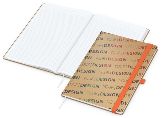 Notizbuch Match-Book Naturpapier-Hardcover individuell bedruckt, DIN A4, Papierfarbe/Lineatur Hochweiß/Winkelkaro, Einband-Papierfarbe Braun