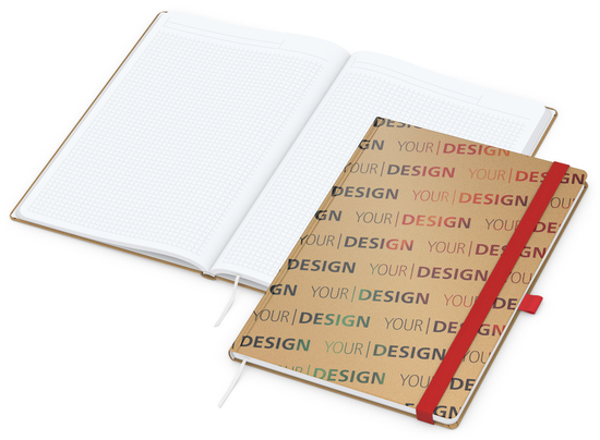 Notizbuch Match-Book Naturpapier-Hardcover individuell bedruckt, DIN A4, Papierfarbe/Lineatur Hochweiß/Winkelkaro, Einband-Papierfarbe Braun