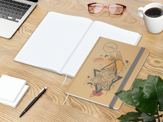Notizbuch Match-Book Naturpapier-Hardcover individuell bedruckt, DIN A4, Papierfarbe/Lineatur Hochweiß/Winkelkaro, Einband-Papierfarbe Braun