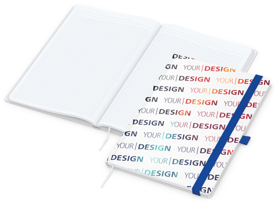 Notizbuch Match-Book Naturpapier-Hardcover individuell bedruckt, DIN A4, Papierfarbe/Lineatur Hochweiß/Winkelkaro, Einband-Papierfarbe Weiß