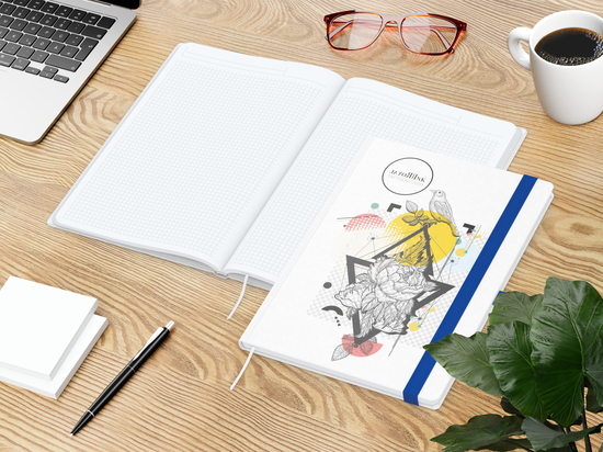 Notizbuch Match-Book Naturpapier-Hardcover individuell bedruckt, DIN A4, Papierfarbe/Lineatur Hochweiß/Winkelkaro, Einband-Papierfarbe Weiß
