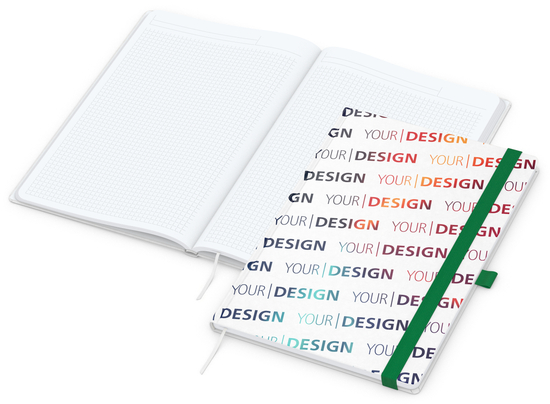 Notizbuch Match-Book Naturpapier-Hardcover individuell bedruckt, DIN A4, Papierfarbe/Lineatur Hochweiß/Winkelkaro, Einband-Papierfarbe Weiß