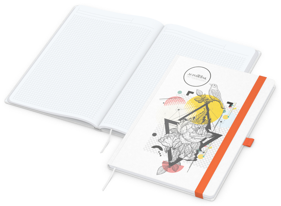 Notizbuch Match-Book Naturpapier-Hardcover individuell bedruckt, DIN A4, Papierfarbe/Lineatur Hochweiß/Winkelkaro, Einband-Papierfarbe Weiß