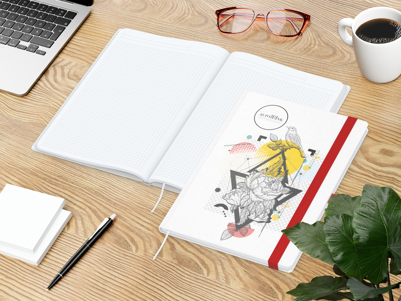 Notizbuch Match-Book Naturpapier-Hardcover individuell bedruckt, DIN A4, Papierfarbe/Lineatur Hochweiß/Winkelkaro, Einband-Papierfarbe Weiß