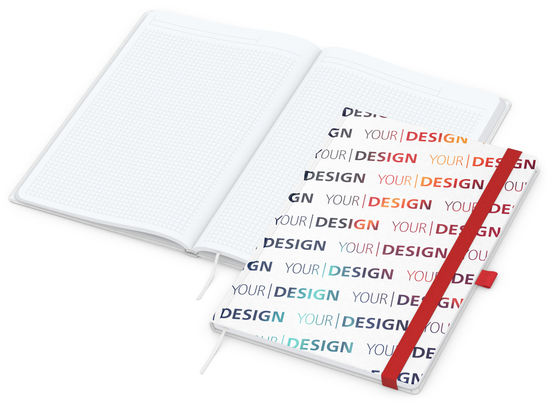 Notizbuch Match-Book Naturpapier-Hardcover individuell bedruckt, DIN A4, Papierfarbe/Lineatur Hochweiß/Winkelkaro, Einband-Papierfarbe Weiß