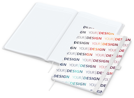 Notizbuch Match-Book Naturpapier-Hardcover individuell bedruckt, DIN A4, Papierfarbe/Lineatur Hochweiß/Winkelkaro, Einband-Papierfarbe Weiß
