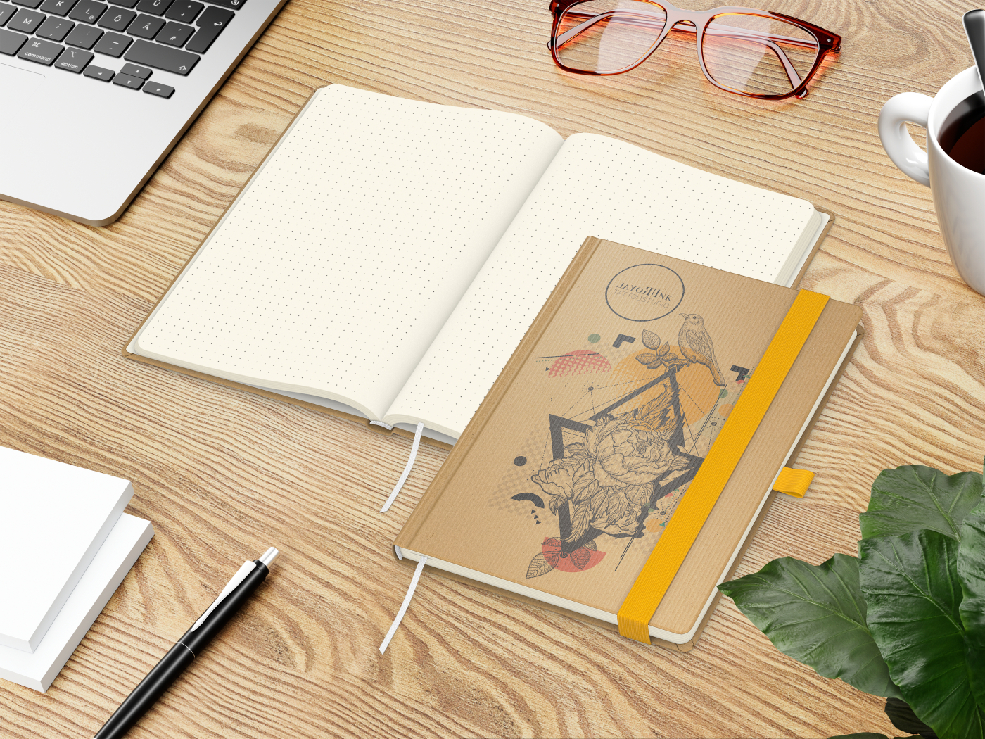 Notizbuch Match-Book Naturpapier-Hardcover individuell bedruckt, DIN A5, Papierfarbe/Lineatur Cremefarben/Punktraster, Einband-Papierfarbe Braun