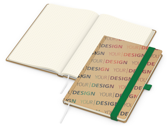 Notizbuch Match-Book Naturpapier-Hardcover individuell bedruckt, DIN A5, Papierfarbe/Lineatur Cremefarben/Punktraster, Einband-Papierfarbe Braun