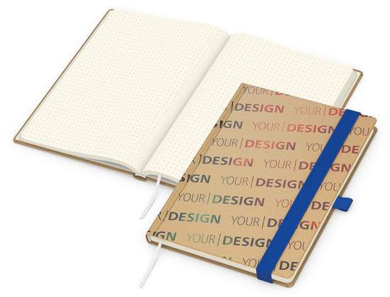 Notizbuch Match-Book Naturpapier-Hardcover individuell bedruckt, DIN A5, Papierfarbe/Lineatur Cremefarben/Punktraster, Einband-Papierfarbe Braun