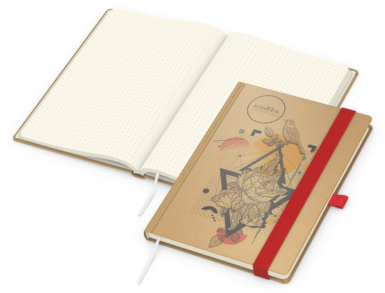 Notizbuch Match-Book Naturpapier-Hardcover individuell bedruckt, DIN A5, Papierfarbe/Lineatur Cremefarben/Punktraster, Einband-Papierfarbe Braun
