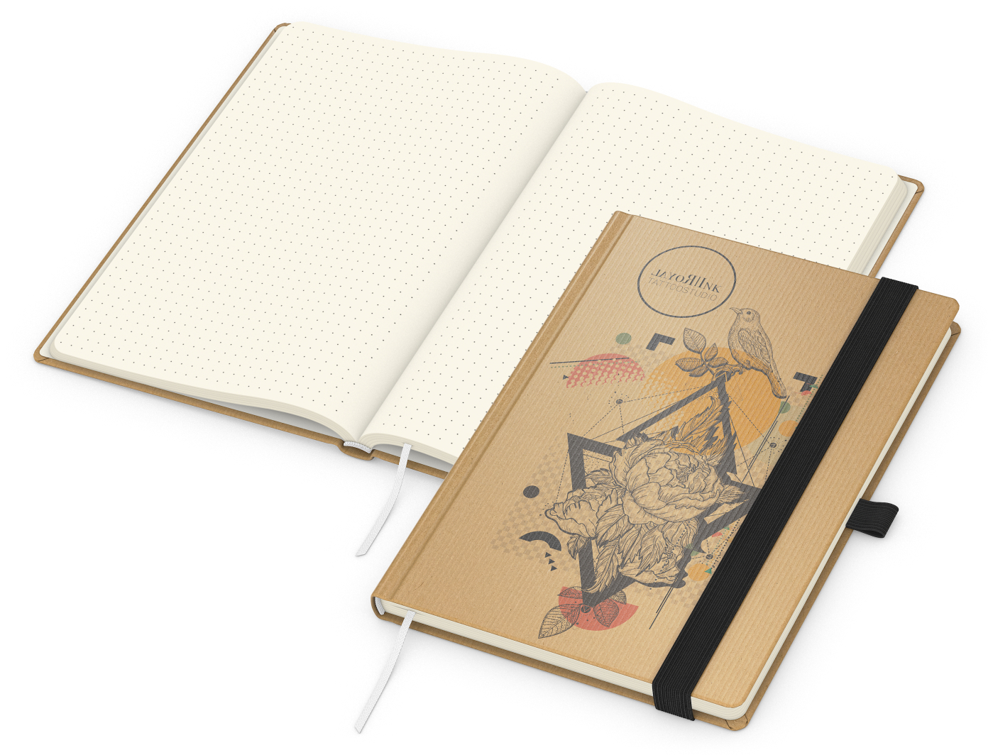 Notizbuch Match-Book Naturpapier-Hardcover individuell bedruckt, DIN A5, Papierfarbe/Lineatur Cremefarben/Punktraster, Einband-Papierfarbe Braun