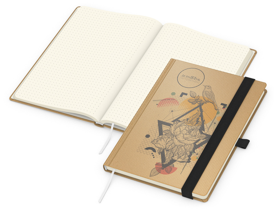 Notizbuch Match-Book Naturpapier-Hardcover individuell bedruckt, DIN A5, Papierfarbe/Lineatur Cremefarben/Punktraster, Einband-Papierfarbe Braun