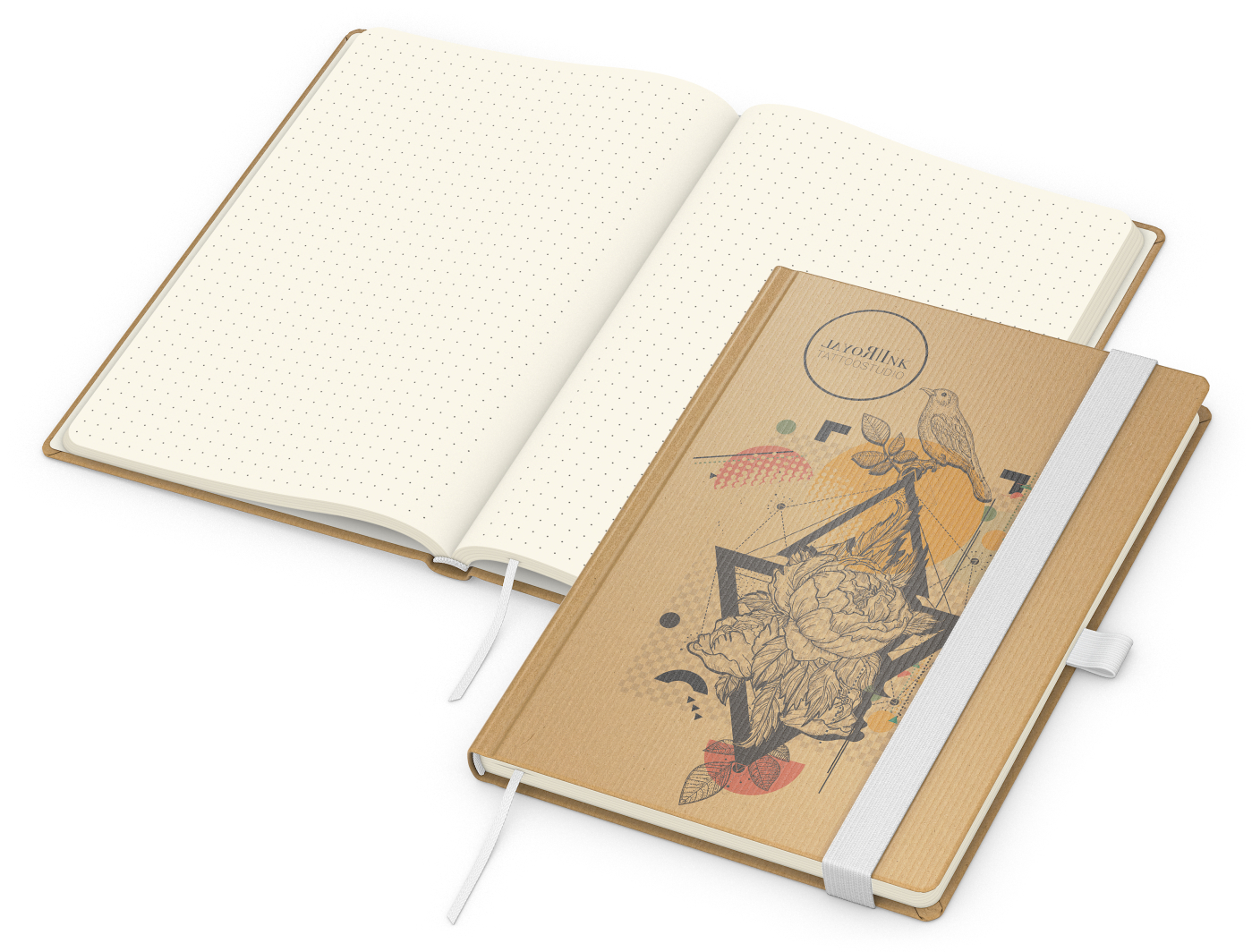 Notizbuch Match-Book Naturpapier-Hardcover individuell bedruckt, DIN A5, Papierfarbe/Lineatur Cremefarben/Punktraster, Einband-Papierfarbe Braun