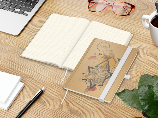 Notizbuch Match-Book Naturpapier-Hardcover individuell bedruckt, DIN A5, Papierfarbe/Lineatur Cremefarben/Punktraster, Einband-Papierfarbe Braun