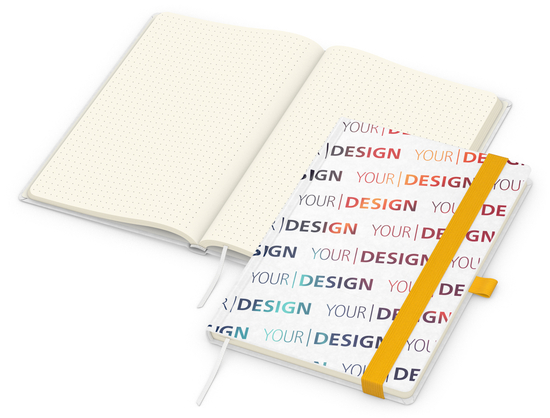 Notizbuch Match-Book Naturpapier-Hardcover individuell bedruckt, DIN A5, Papierfarbe/Lineatur Cremefarben/Punktraster, Einband-Papierfarbe Weiß