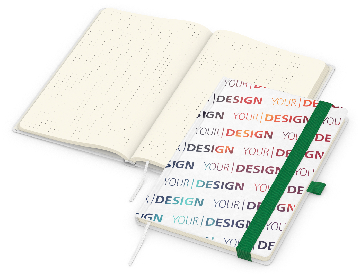 Notizbuch Match-Book Naturpapier-Hardcover individuell bedruckt, DIN A5, Papierfarbe/Lineatur Cremefarben/Punktraster, Einband-Papierfarbe Weiß