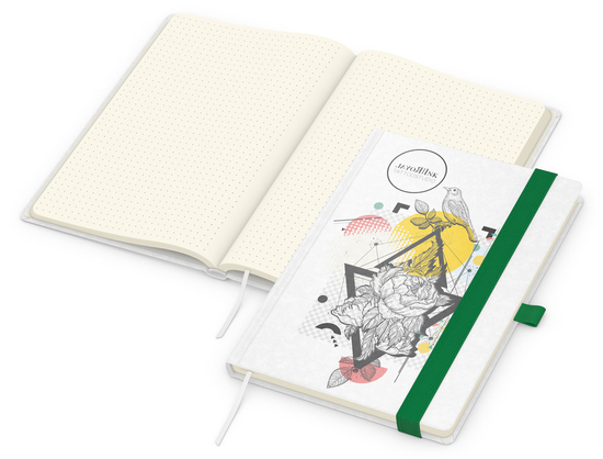 Notizbuch Match-Book Naturpapier-Hardcover individuell bedruckt, DIN A5, Papierfarbe/Lineatur Cremefarben/Punktraster, Einband-Papierfarbe Weiß