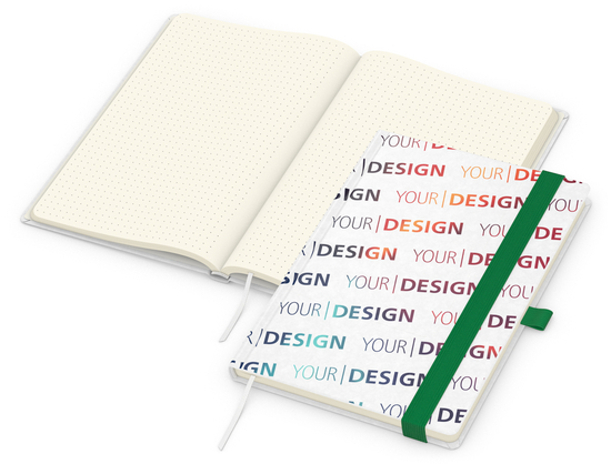Notizbuch Match-Book Naturpapier-Hardcover individuell bedruckt, DIN A5, Papierfarbe/Lineatur Cremefarben/Punktraster, Einband-Papierfarbe Weiß