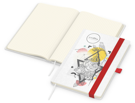 Notizbuch Match-Book Naturpapier-Hardcover individuell bedruckt, DIN A5, Papierfarbe/Lineatur Cremefarben/Punktraster, Einband-Papierfarbe Weiß