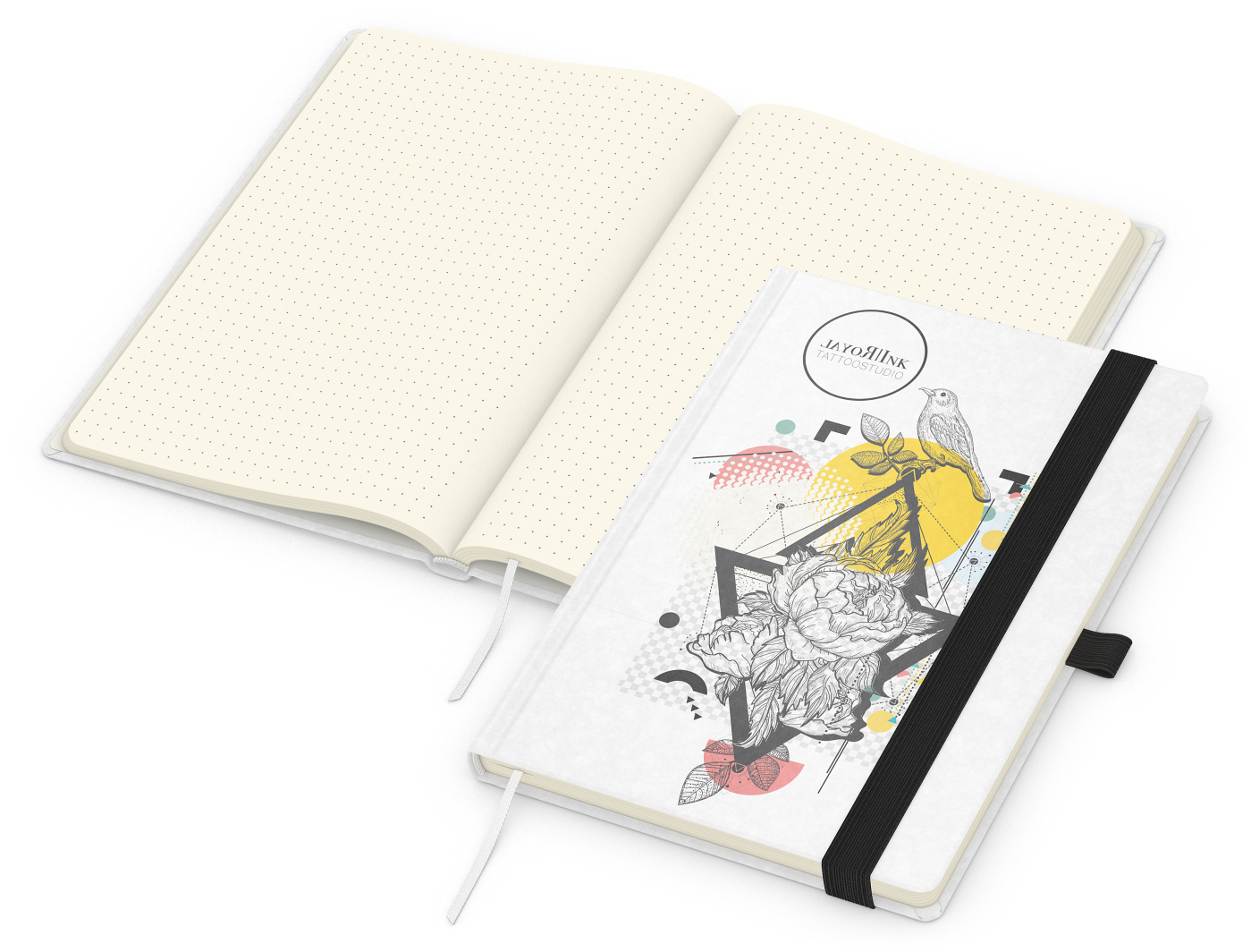 Notizbuch Match-Book Naturpapier-Hardcover individuell bedruckt, DIN A5, Papierfarbe/Lineatur Cremefarben/Punktraster, Einband-Papierfarbe Weiß