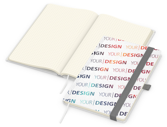 Notizbuch Match-Book Naturpapier-Hardcover individuell bedruckt, DIN A5, Papierfarbe/Lineatur Cremefarben/Punktraster, Einband-Papierfarbe Weiß