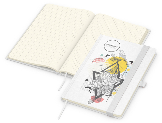 Notizbuch Match-Book Naturpapier-Hardcover individuell bedruckt, DIN A5, Papierfarbe/Lineatur Cremefarben/Punktraster, Einband-Papierfarbe Weiß