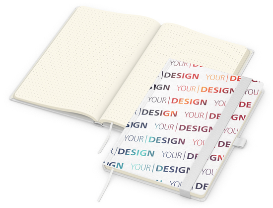 Notizbuch Match-Book Naturpapier-Hardcover individuell bedruckt, DIN A5, Papierfarbe/Lineatur Cremefarben/Punktraster, Einband-Papierfarbe Weiß