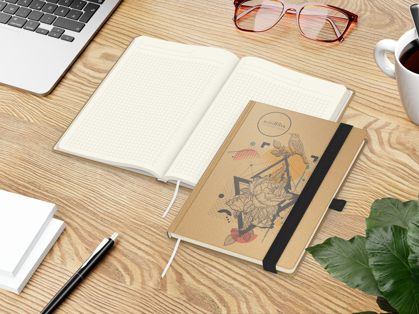 Notizbuch Match-Book Naturpapier-Hardcover individuell bedruckt, DIN A5, Papierfarbe/Lineatur Cremefarben/Winkelkaro, Einband-Papierfarbe Braun