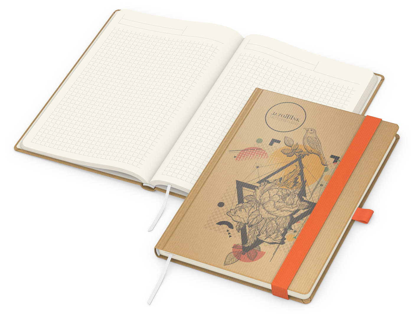 Notizbuch Match-Book Naturpapier-Hardcover individuell bedruckt, DIN A5, Papierfarbe/Lineatur Cremefarben/Winkelkaro, Einband-Papierfarbe Braun