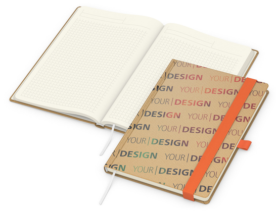 Notizbuch Match-Book Naturpapier-Hardcover individuell bedruckt, DIN A5, Papierfarbe/Lineatur Cremefarben/Winkelkaro, Einband-Papierfarbe Braun
