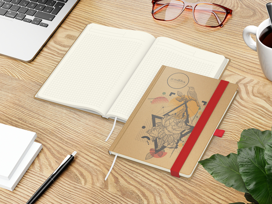 Notizbuch Match-Book Naturpapier-Hardcover individuell bedruckt, DIN A5, Papierfarbe/Lineatur Cremefarben/Winkelkaro, Einband-Papierfarbe Braun