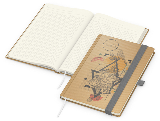 Notizbuch Match-Book Naturpapier-Hardcover individuell bedruckt, DIN A5, Papierfarbe/Lineatur Cremefarben/Winkelkaro, Einband-Papierfarbe Braun
