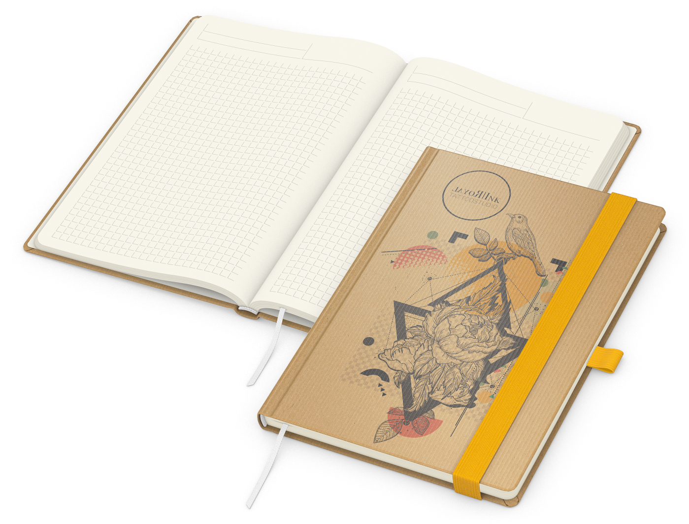 Notizbuch Match-Book Naturpapier-Hardcover individuell bedruckt, DIN A5, Papierfarbe/Lineatur Cremefarben/Winkelkaro, Einband-Papierfarbe Braun