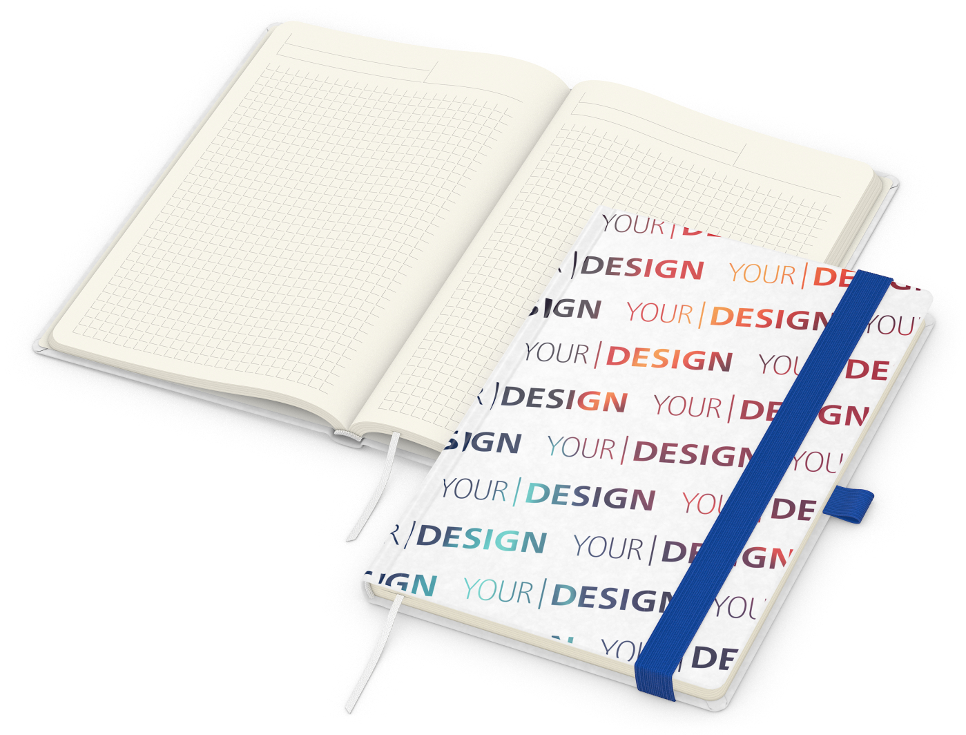 Notizbuch Match-Book Naturpapier-Hardcover individuell bedruckt, DIN A5, Papierfarbe/Lineatur Cremefarben/Winkelkaro, Einband-Papierfarbe Weiß