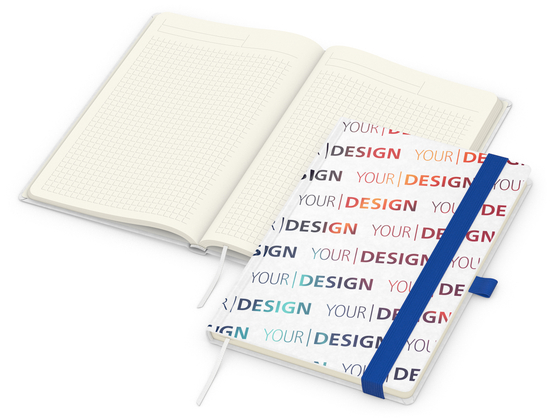 Notizbuch Match-Book Naturpapier-Hardcover individuell bedruckt, DIN A5, Papierfarbe/Lineatur Cremefarben/Winkelkaro, Einband-Papierfarbe Weiß
