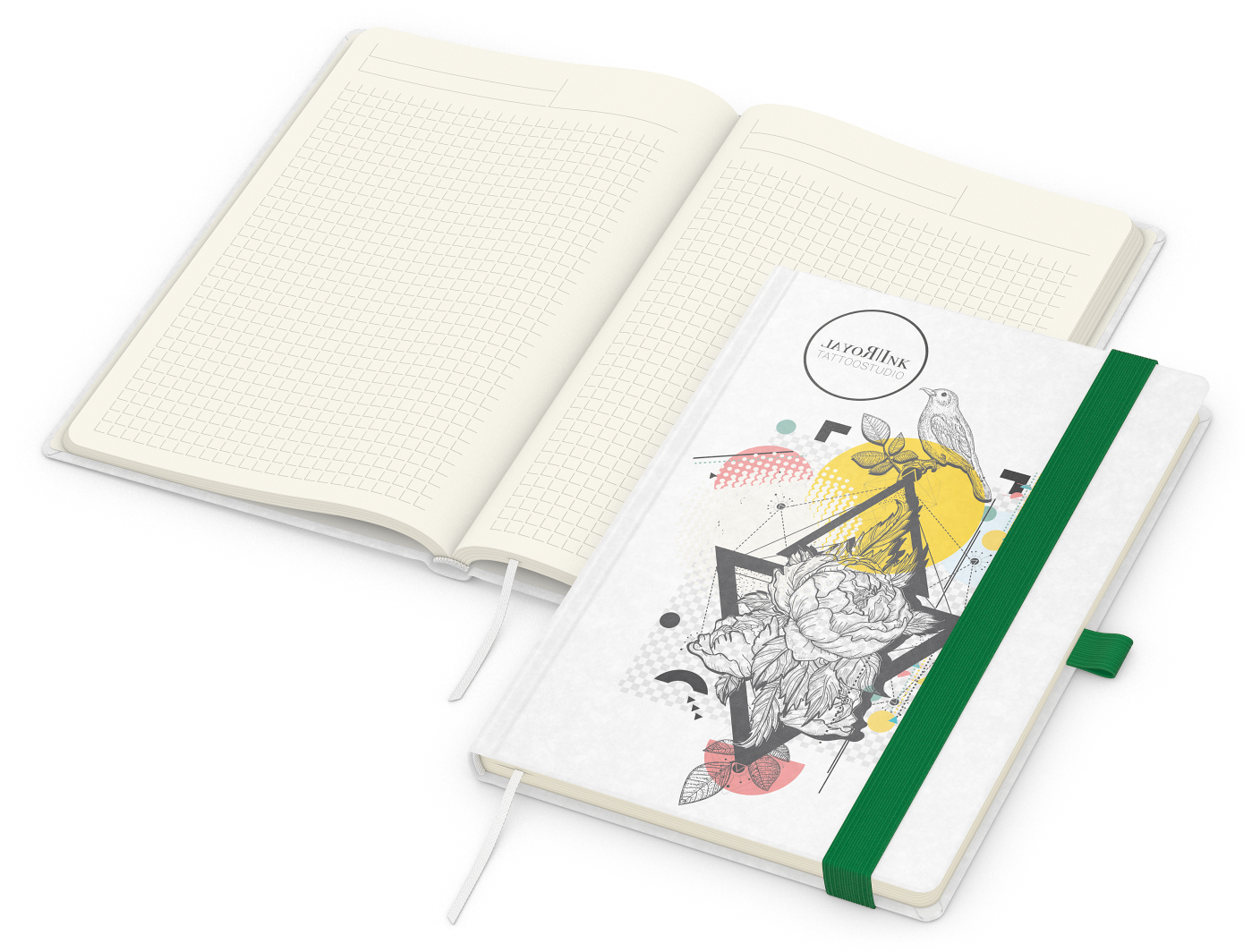 Notizbuch Match-Book Naturpapier-Hardcover individuell bedruckt, DIN A5, Papierfarbe/Lineatur Cremefarben/Winkelkaro, Einband-Papierfarbe Weiß
