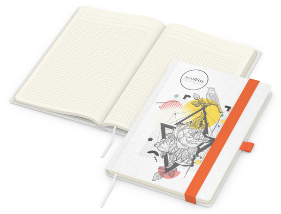 Notizbuch Match-Book Naturpapier-Hardcover individuell bedruckt, DIN A5, Papierfarbe/Lineatur Cremefarben/Winkelkaro, Einband-Papierfarbe Weiß