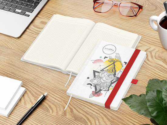Notizbuch Match-Book Naturpapier-Hardcover individuell bedruckt, DIN A5, Papierfarbe/Lineatur Cremefarben/Winkelkaro, Einband-Papierfarbe Weiß