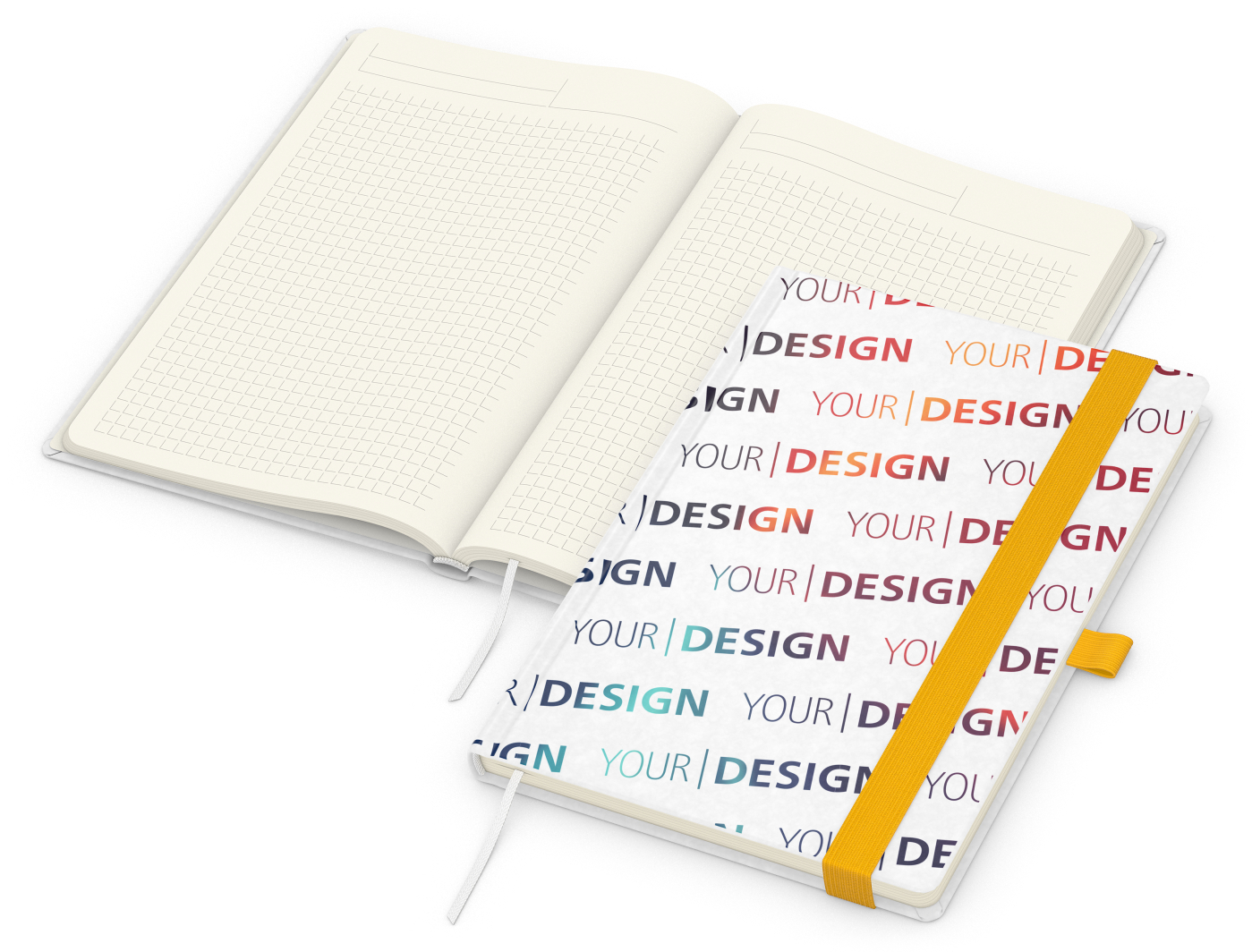 Notizbuch Match-Book Naturpapier-Hardcover individuell bedruckt, DIN A5, Papierfarbe/Lineatur Cremefarben/Winkelkaro, Einband-Papierfarbe Weiß