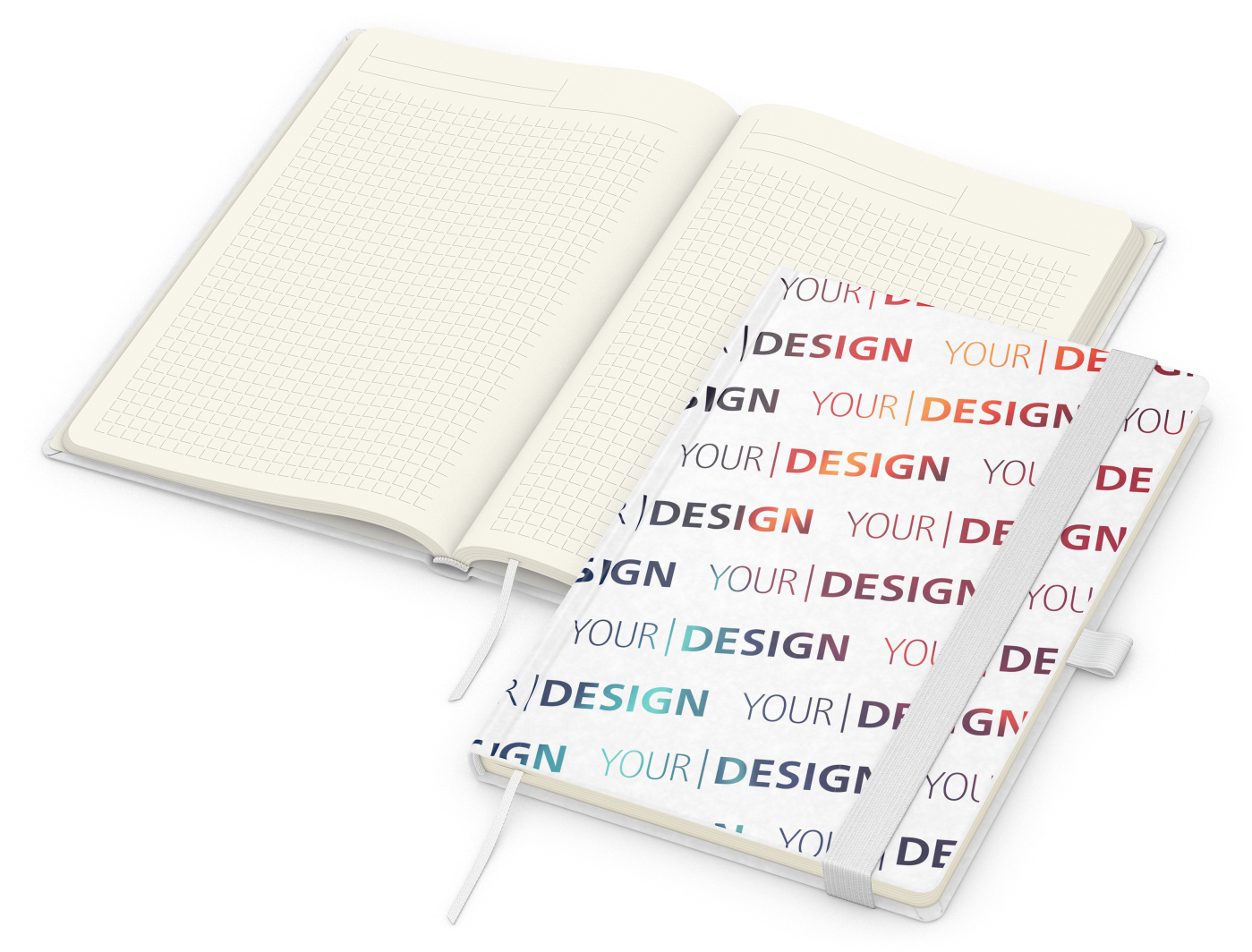 Notizbuch Match-Book Naturpapier-Hardcover individuell bedruckt, DIN A5, Papierfarbe/Lineatur Cremefarben/Winkelkaro, Einband-Papierfarbe Weiß
